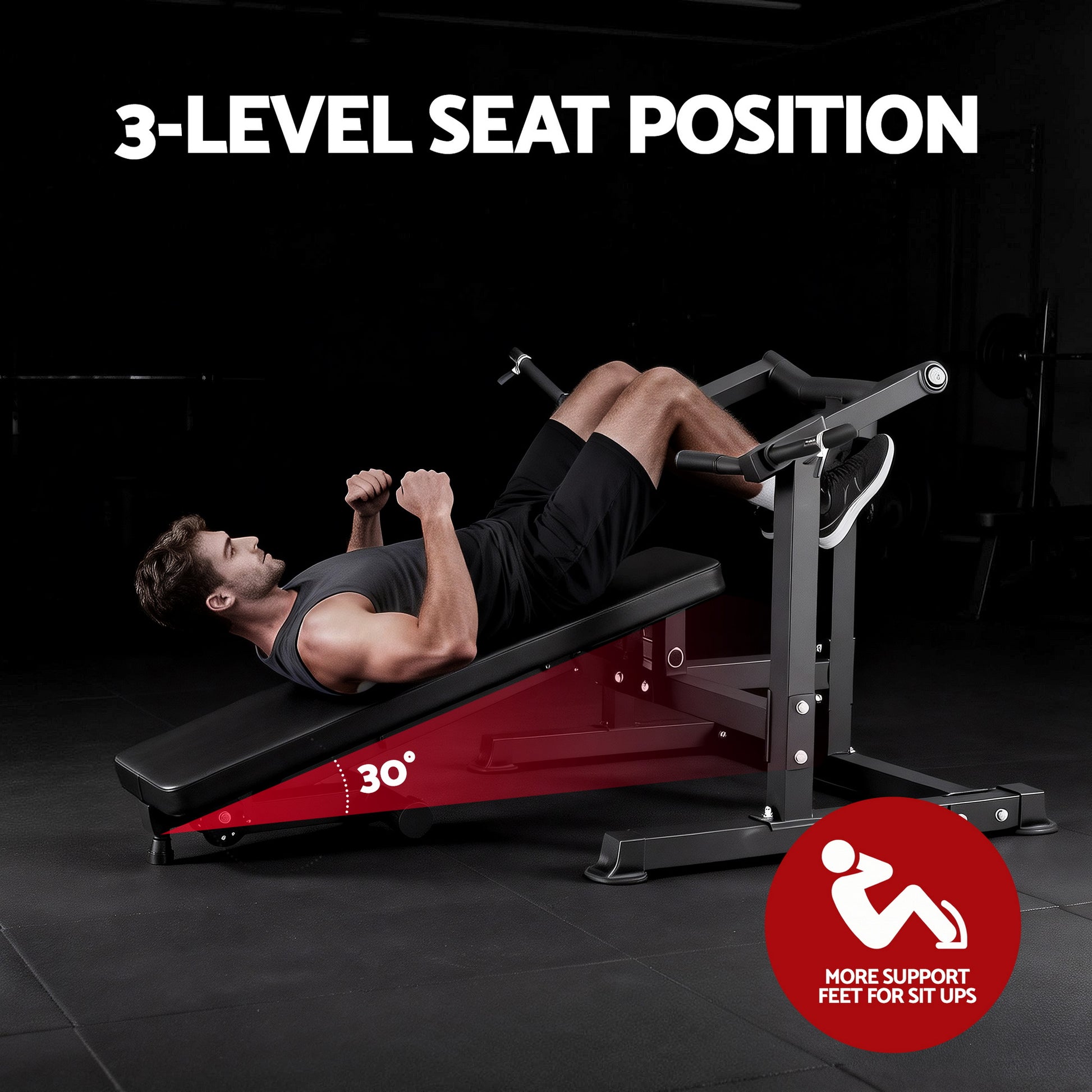 Man doing sit-ups on adjustable 3-level incline bench with 30° angle and foot support for core workouts