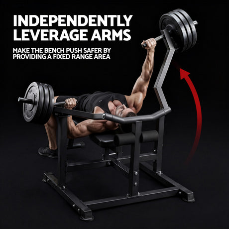 Man performing bench press on leverage arm chest press machine with weight plates in gym
