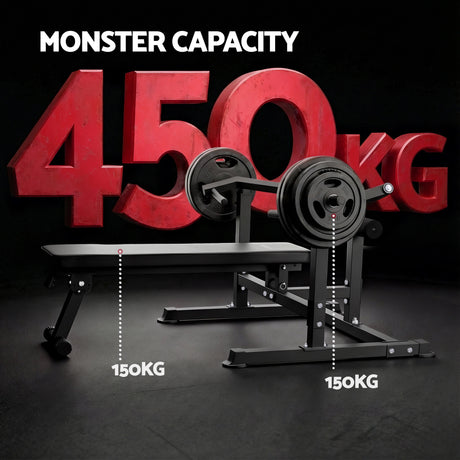 Black adjustable weight bench press set, 450kg capacity, with weights, on dark background