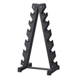Black metal dumbbell rack stand with six tiers, gym equipment storage organizer