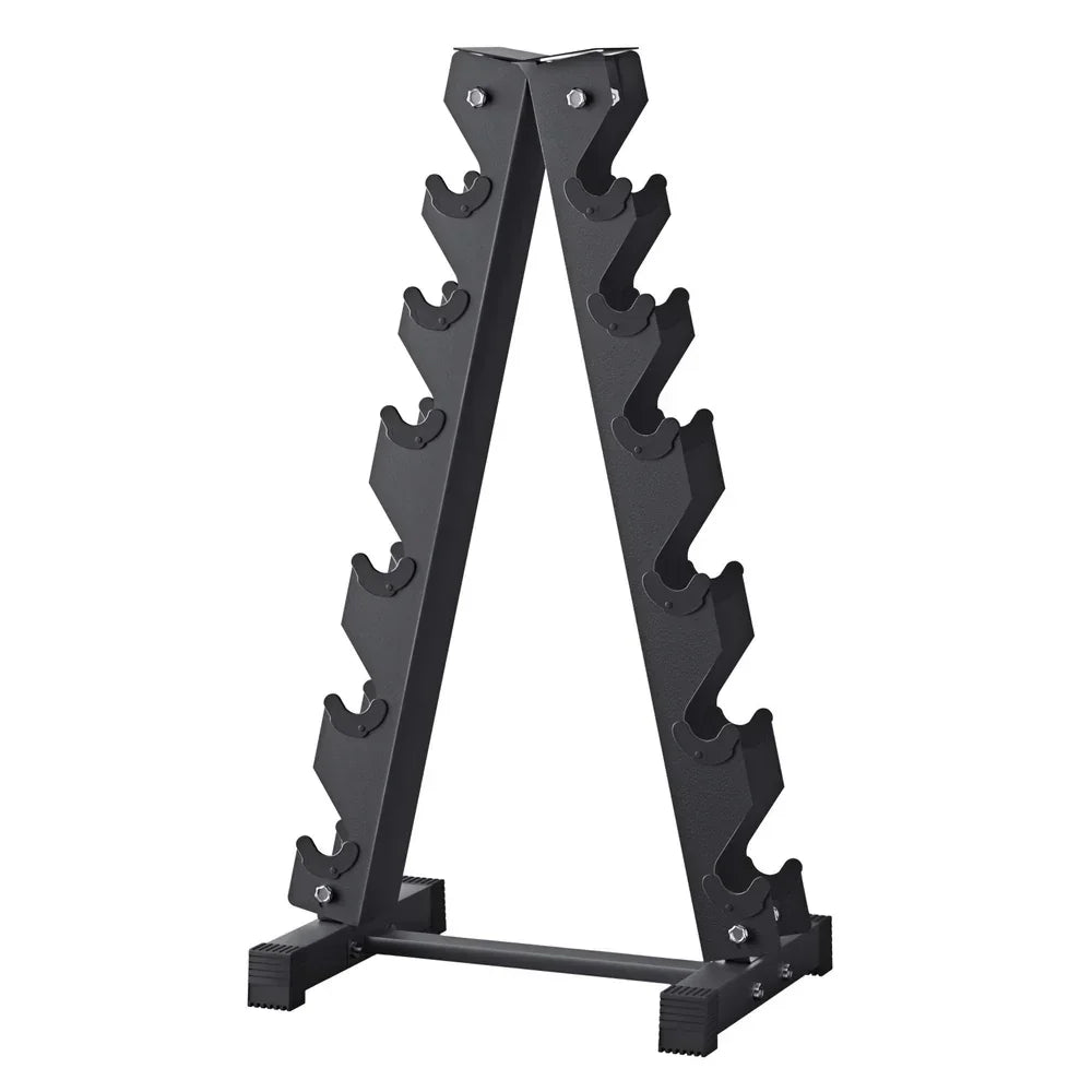 Black metal dumbbell rack stand with six tiers, gym equipment storage organizer