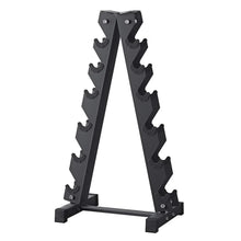 Black metal dumbbell rack stand with six tiers, gym equipment storage organizer
