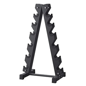 Black metal dumbbell rack stand with six tiers, gym equipment storage organizer