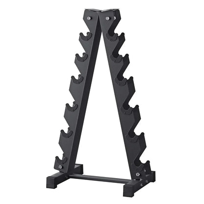 Black metal dumbbell rack stand with six tiers, gym equipment storage organizer