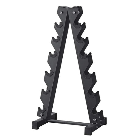 Black metal dumbbell rack stand with six tiers, gym equipment storage organizer
