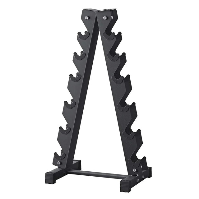 Black metal dumbbell rack stand with six tiers, gym equipment storage organizer