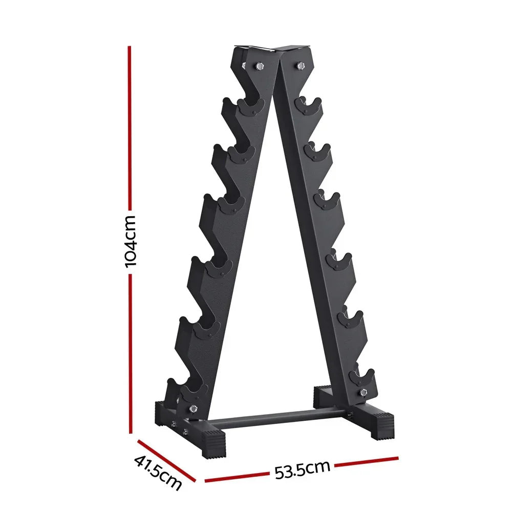Black steel dumbbell rack with six tiers, A-frame design, and visible dimensions in centimeters