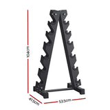 Black steel dumbbell rack with six tiers, A-frame design, and visible dimensions in centimeters