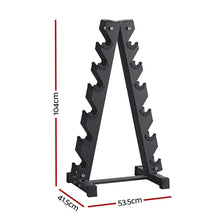 Black steel dumbbell rack with six tiers, A-frame design, and visible dimensions in centimeters