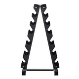 Black vertical dumbbell rack with six holders, gym equipment storage stand