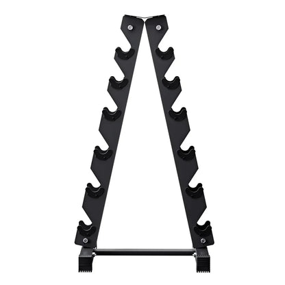 Black vertical dumbbell rack with six holders, gym equipment storage stand