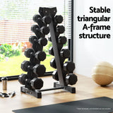 Black A-frame dumbbell rack with hex weights in a home gym setting, sunlight through window