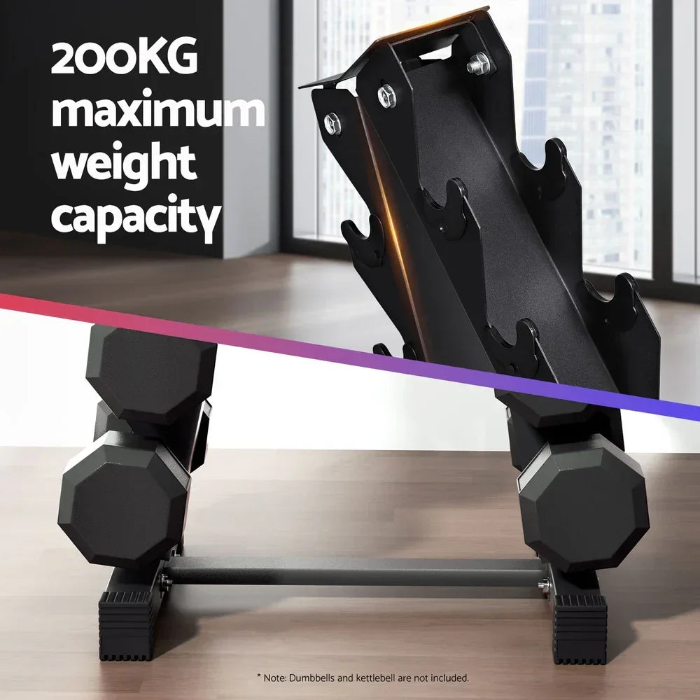 Black dumbbell rack with hex dumbbells on wood floor, labeled 200kg weight capacity.