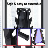 Black metal dumbbell rack with multiple slots, close-up assembly details, home gym storage