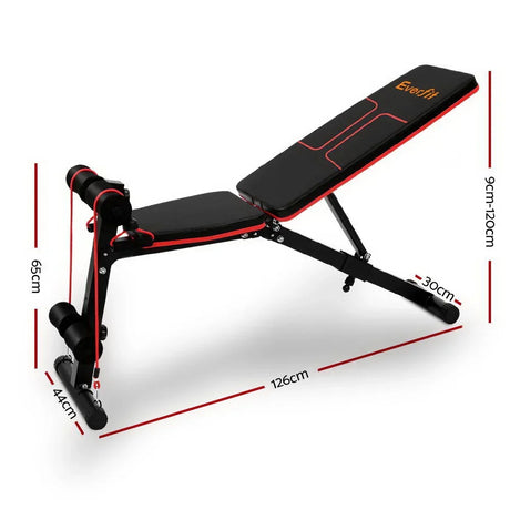 Adjustable workout bench with dimensions, black and red design, Everfit branding visible