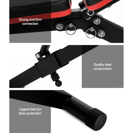 Adjustable weight bench frame showing steel construction, secure joints, capped feet.