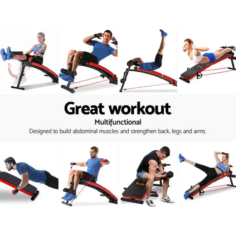 Multifunctional sit up bench with people demonstrating various abdominal and strength exercises