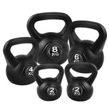 Set of black kettlebells with 2kg, 4kg, 6kg, and 8kg weights, arranged on white background