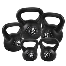 Set of black kettlebells with 2kg, 4kg, 6kg, and 8kg weights, arranged on white background