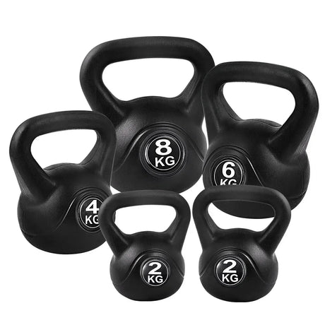 Set of black kettlebells with 2kg, 4kg, 6kg, and 8kg weights, arranged on white background