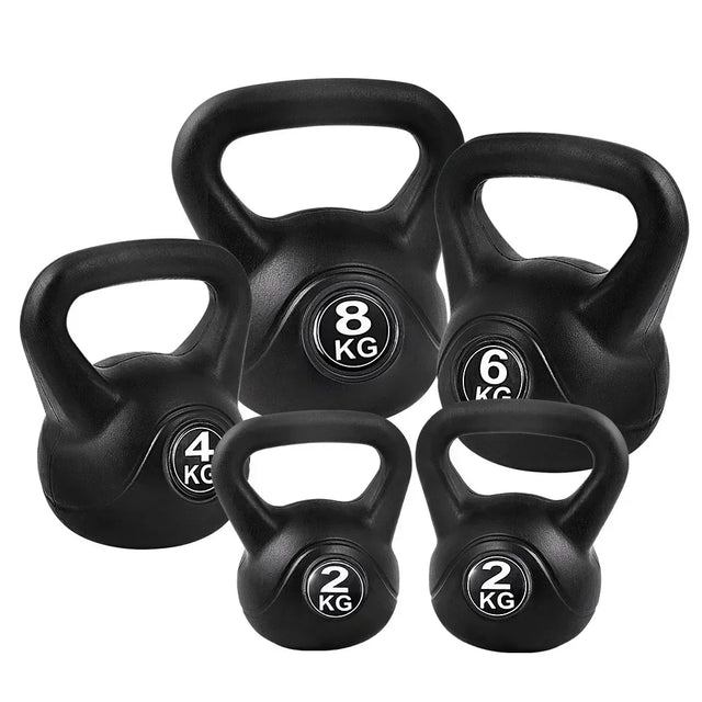 Set of black kettlebells with 2kg, 4kg, 6kg, and 8kg weights, arranged on white background