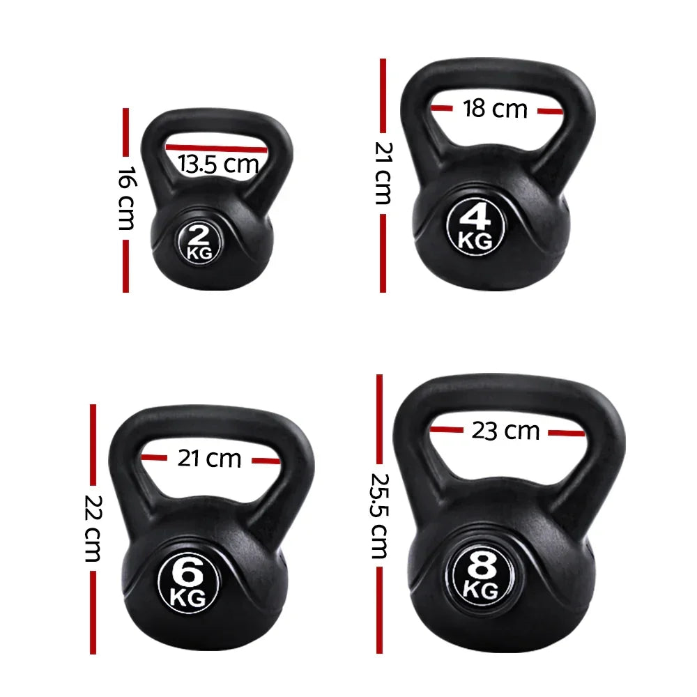 Set of 2kg, 4kg, 6kg, and 8kg black kettlebells with handle and height measurements shown.