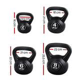 Set of 2kg, 4kg, 6kg, and 8kg black kettlebells with handle and height measurements shown.