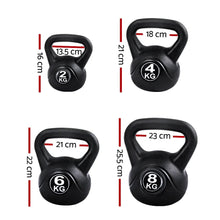 Set of 2kg, 4kg, 6kg, and 8kg black kettlebells with handle and height measurements shown.