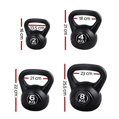 Set of 2kg, 4kg, 6kg, and 8kg black kettlebells with handle and height measurements shown.
