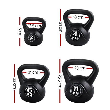 Set of 2kg, 4kg, 6kg, and 8kg black kettlebells with handle and height measurements shown.