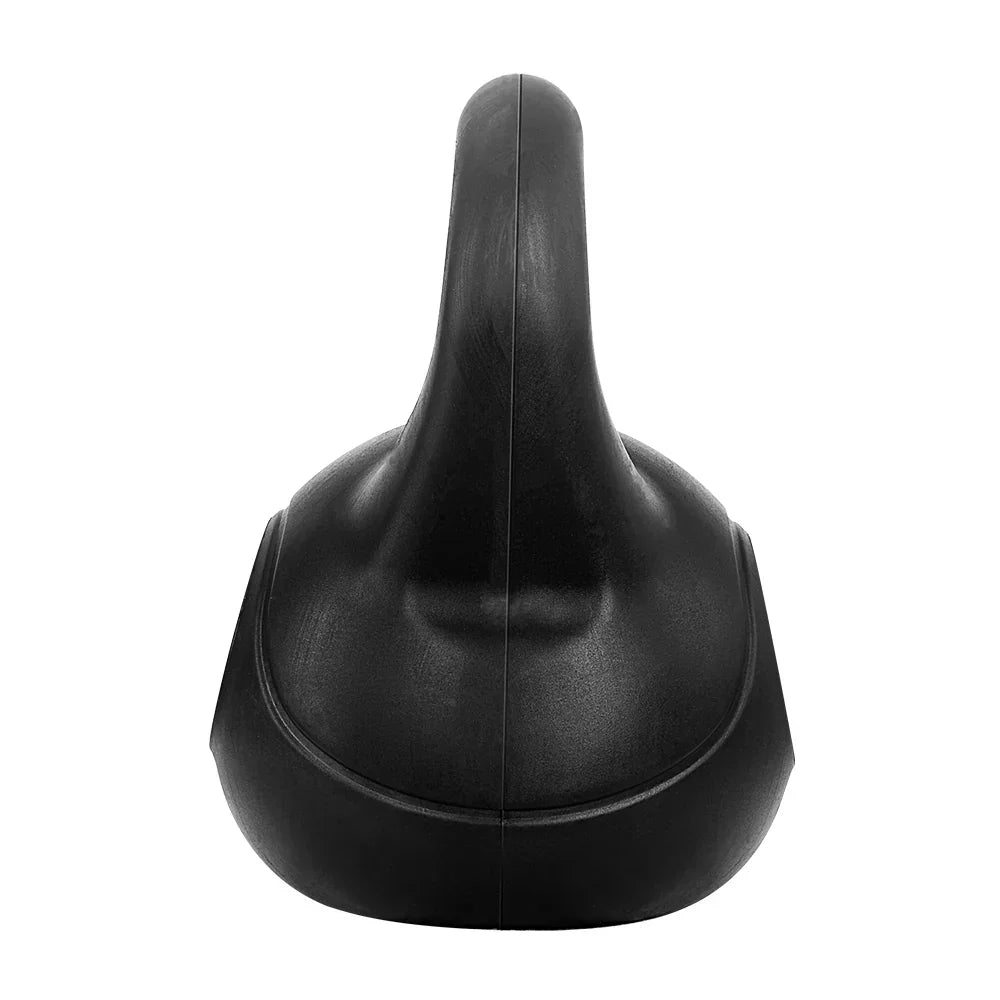 Black plastic kettlebell with ergonomic handle, front view on white background.