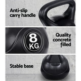 Black 8kg kettlebell with anti-slip handle, concrete filled, and stable base for fitness