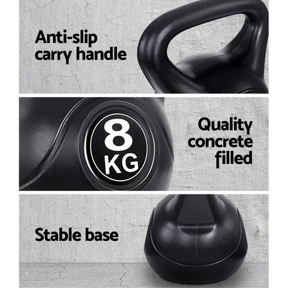 Black 8kg kettlebell with anti-slip handle, concrete filled, and stable base for fitness