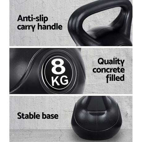 Black 8kg kettlebell with anti-slip handle, concrete filled, and stable base for fitness