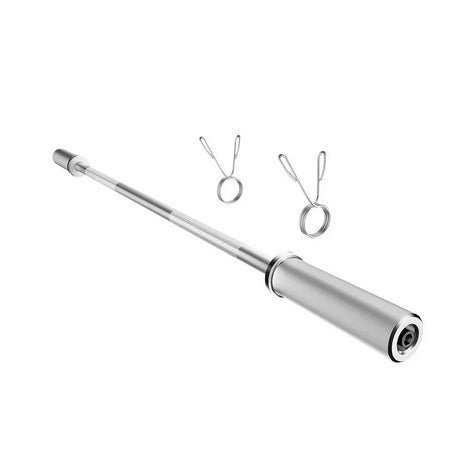 120cm chrome dumbbell bar with textured grip and two spring collars, isolated on white background