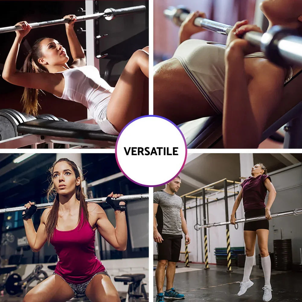 Women using a straight barbell for bench press, squat, and weightlifting exercises in gym settings.