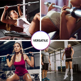 Women using a straight barbell for bench press, squat, and weightlifting exercises in gym settings.