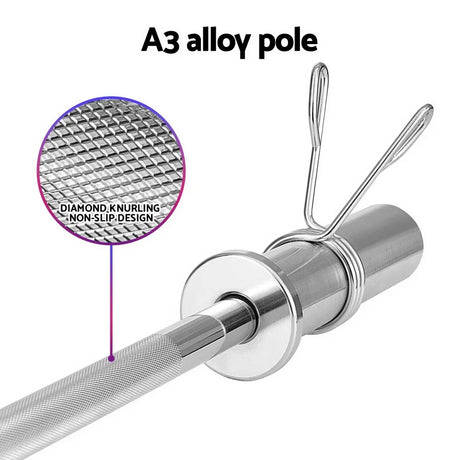 A3 alloy barbell pole with diamond knurling and non-slip grip, metal spring collars included
