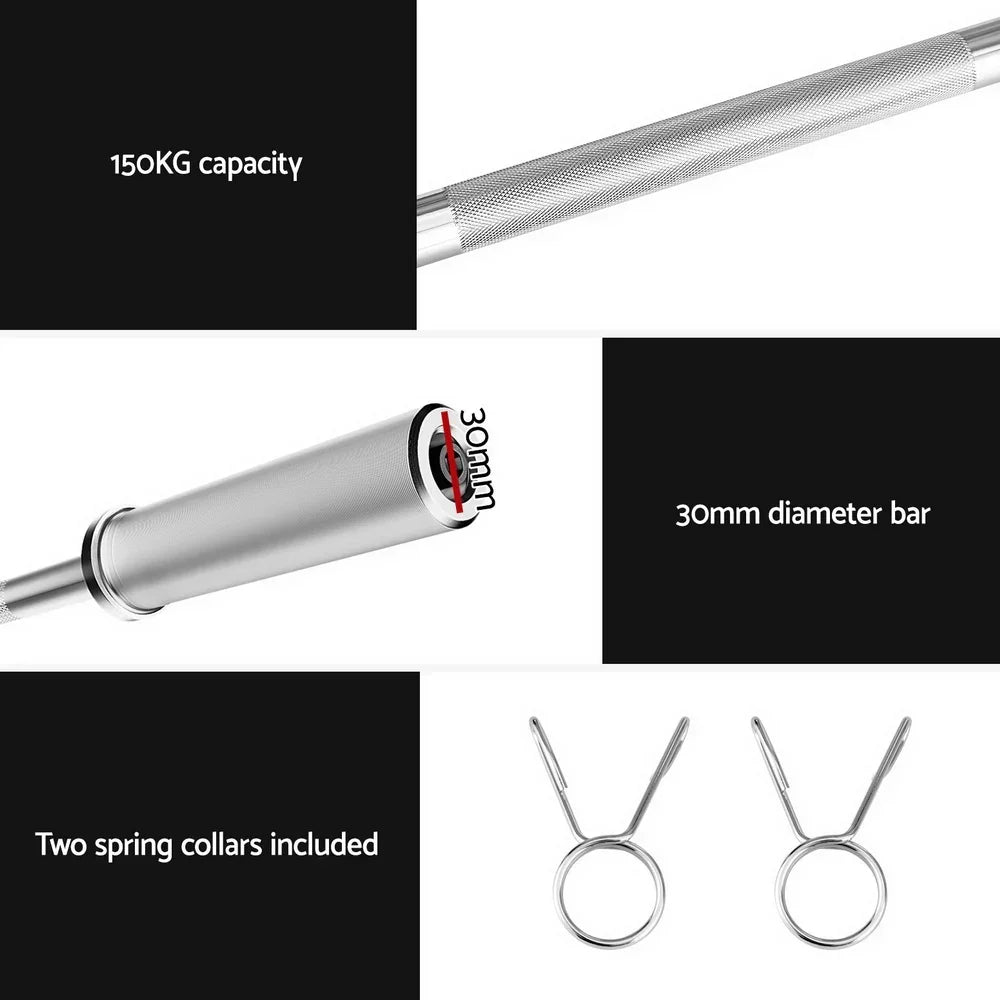 120cm barbell with 30mm diameter, 150kg capacity, includes two spring collars