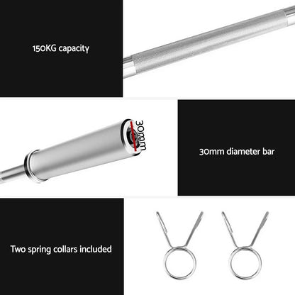 120cm barbell with 30mm diameter, 150kg capacity, includes two spring collars