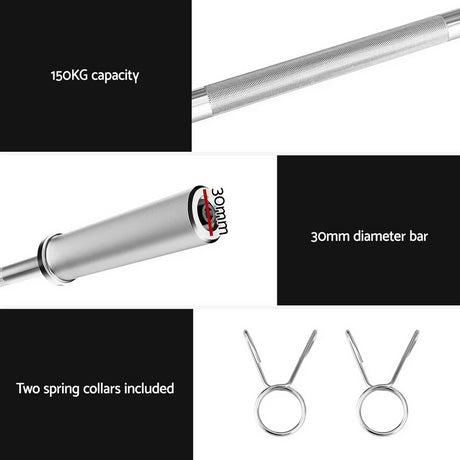 120cm barbell with 30mm diameter, 150kg capacity, includes two spring collars