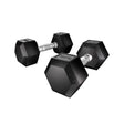 Pair of black hex dumbbells with textured metal handles, 10kg weight each, on white background