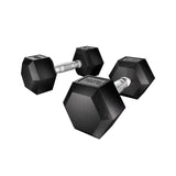 Pair of black hex dumbbells with textured metal handles, 10kg weight each, on white background