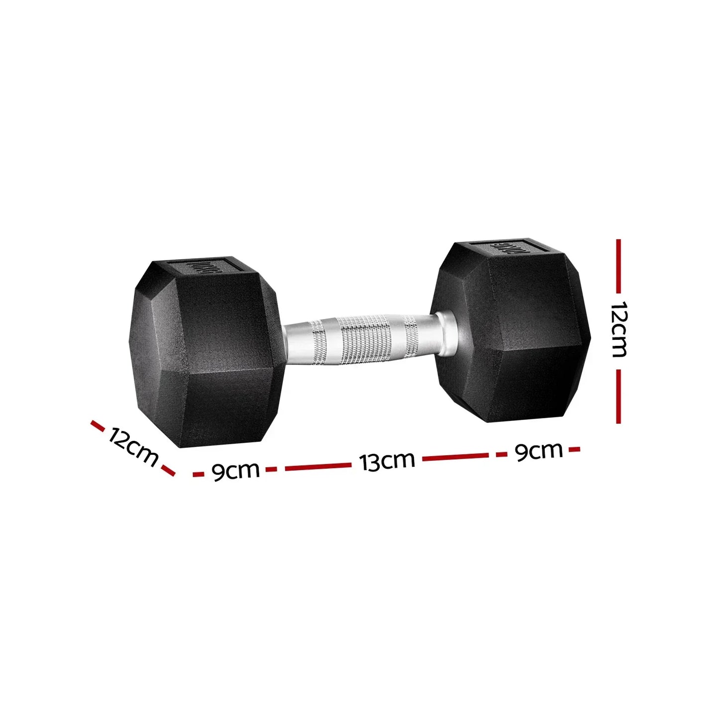 20kg hex dumbbell with black rubber-coated ends, textured metal handle, and size dimensions