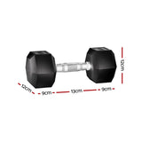 20kg hex dumbbell with black rubber-coated ends, textured metal handle, and size dimensions