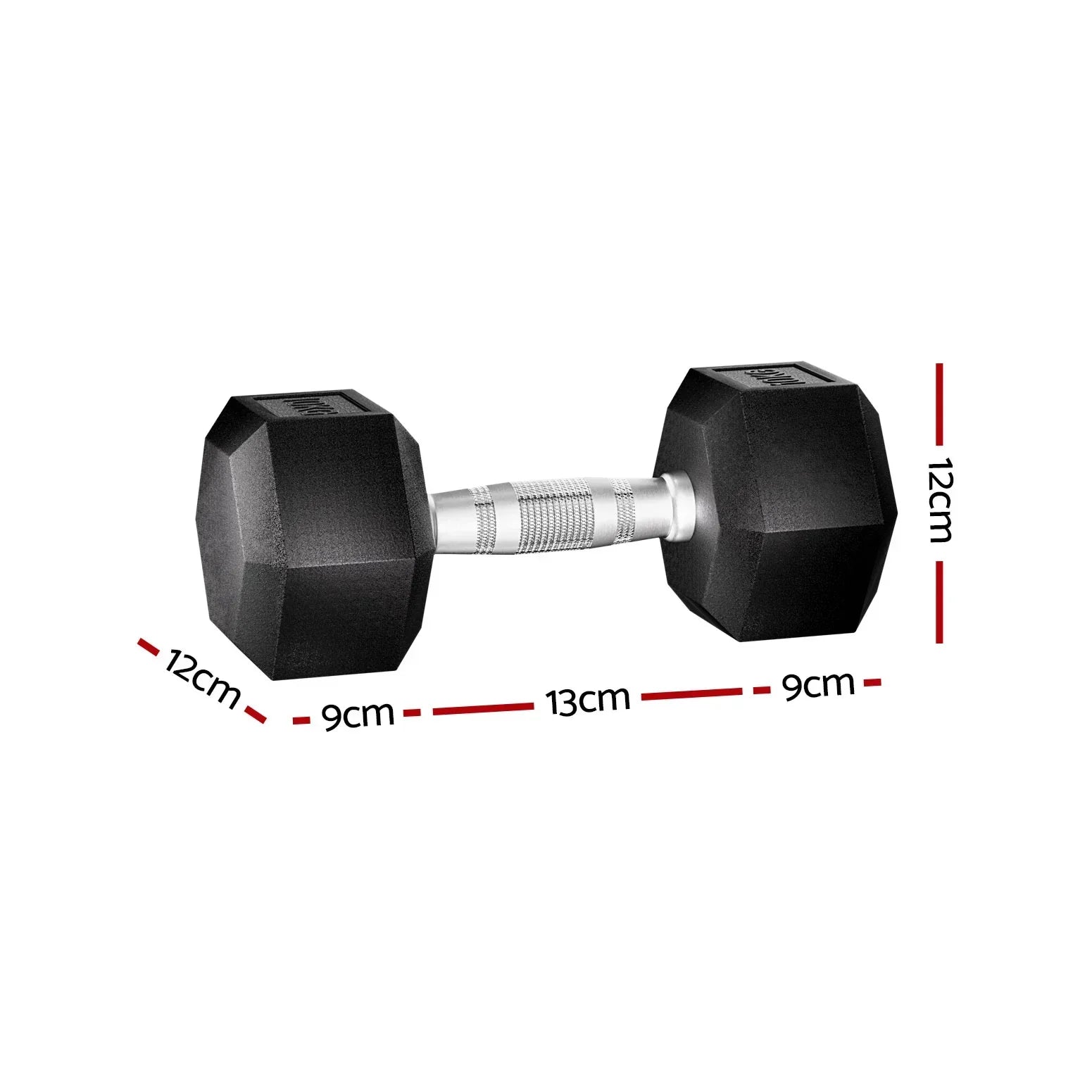 20kg hex dumbbell with black rubber-coated ends, textured metal handle, and size dimensions