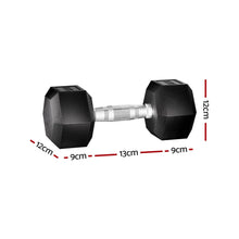 20kg hex dumbbell with black rubber-coated ends, textured metal handle, and size dimensions