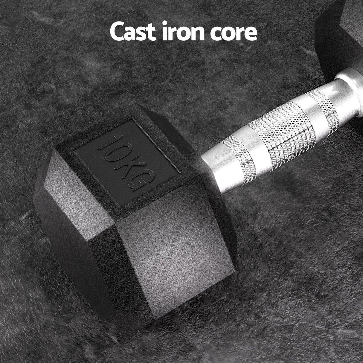 Black hex dumbbell with knurled grip handle and 10KG marking on textured surface