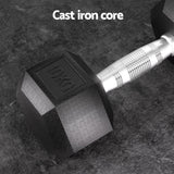 Black hex dumbbell with knurled grip handle and 10KG marking on textured surface