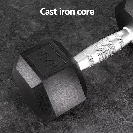 Black hex dumbbell with knurled grip handle and 10KG marking on textured surface